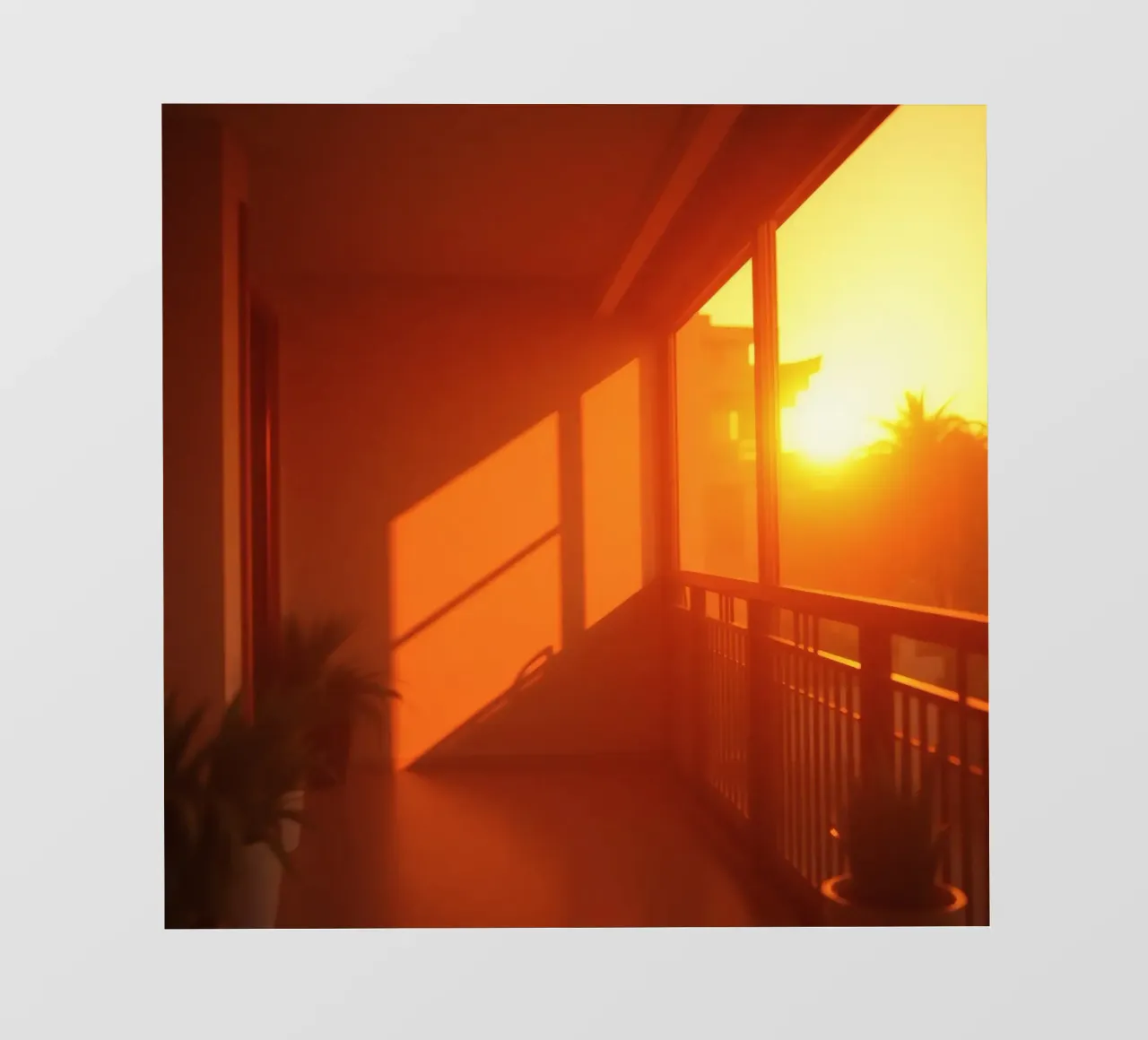 Il tramonto proietta una calda luce arancione sul balcone con le piante pellicola backlit da DesignDoodle