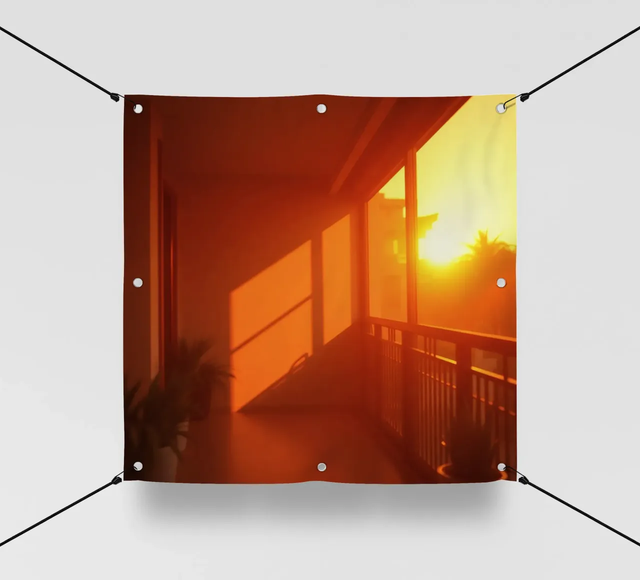 Il tramonto proietta una calda luce arancione sul balcone con le piante telo in pvc da DesignDoodle