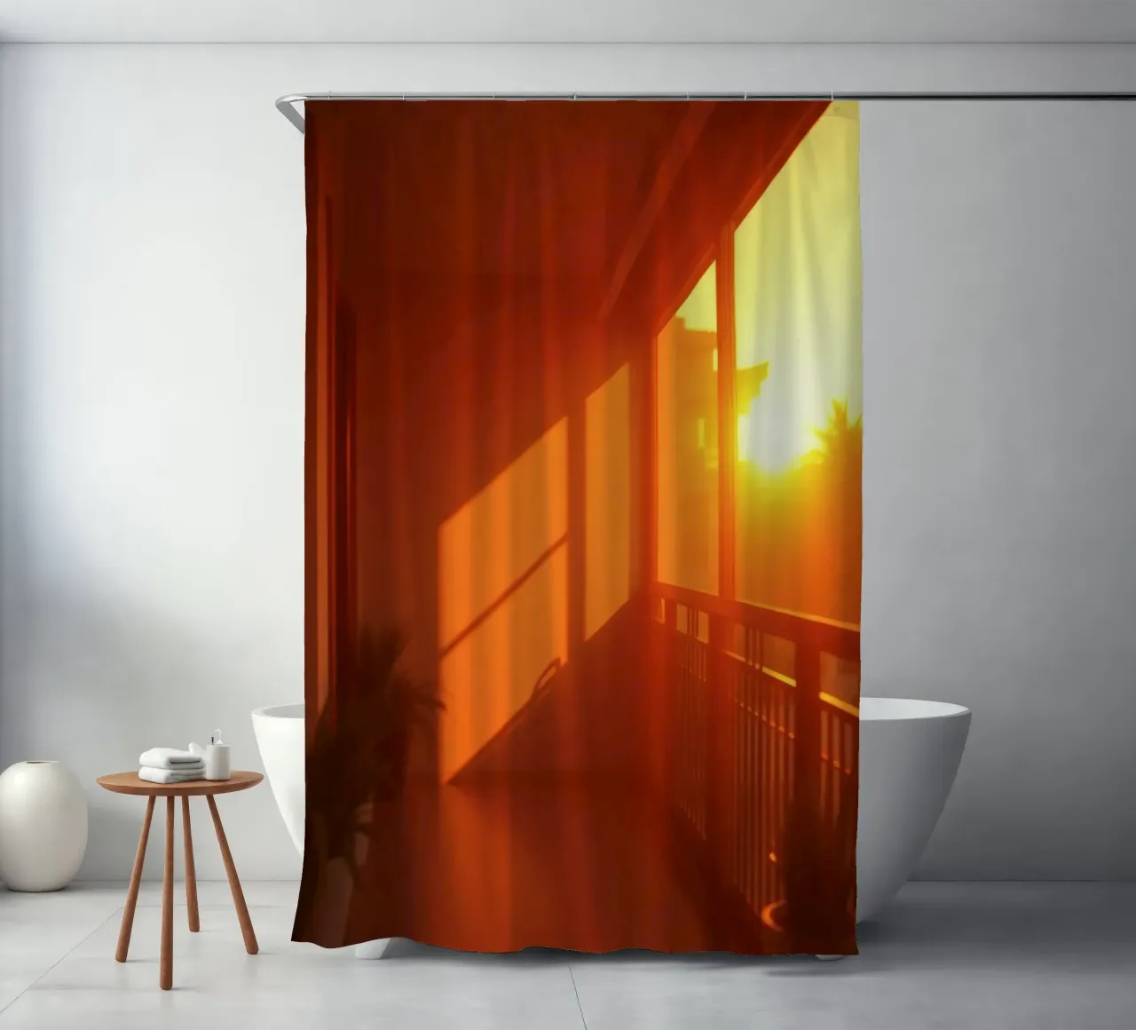 Il tramonto proietta una calda luce arancione sul balcone con le piante tenda da doccia da DesignDoodle