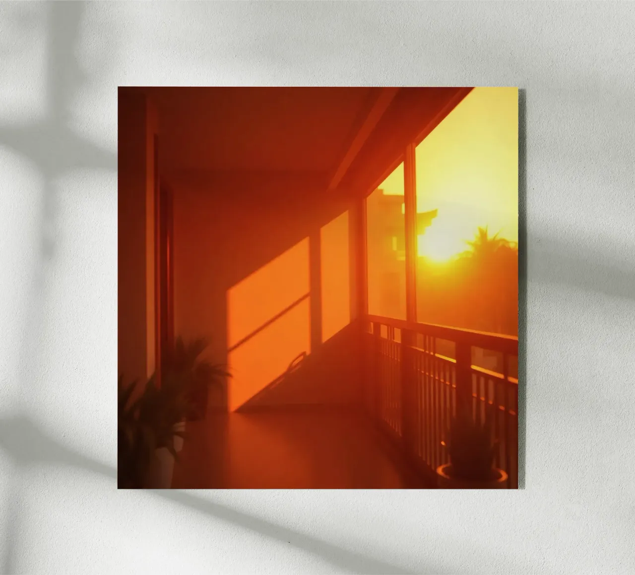 Il tramonto proietta una calda luce arancione sul balcone con le piante plexiglass da DesignDoodle