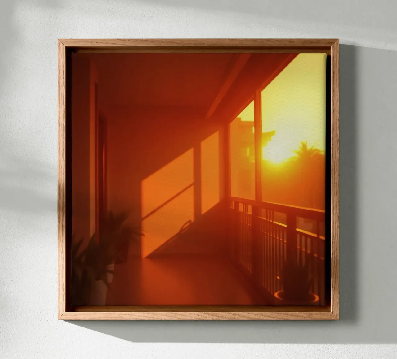 Il tramonto proietta una calda luce arancione sul balcone con le piante tela con Cornice a cassetta da DesignDoodle