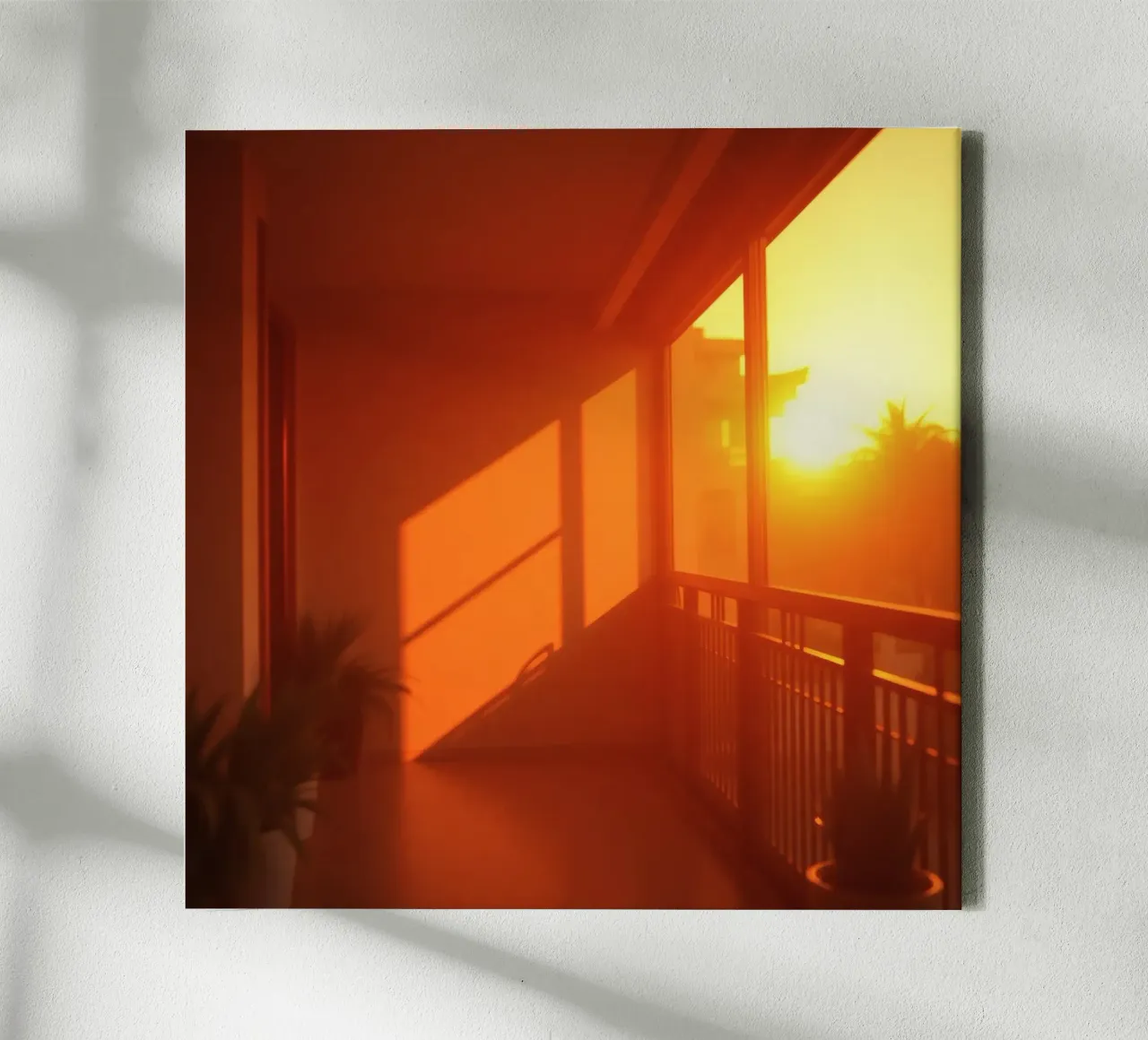 Il tramonto proietta una calda luce arancione sul balcone con le piante tela con Cornice a cassetta da DesignDoodle
