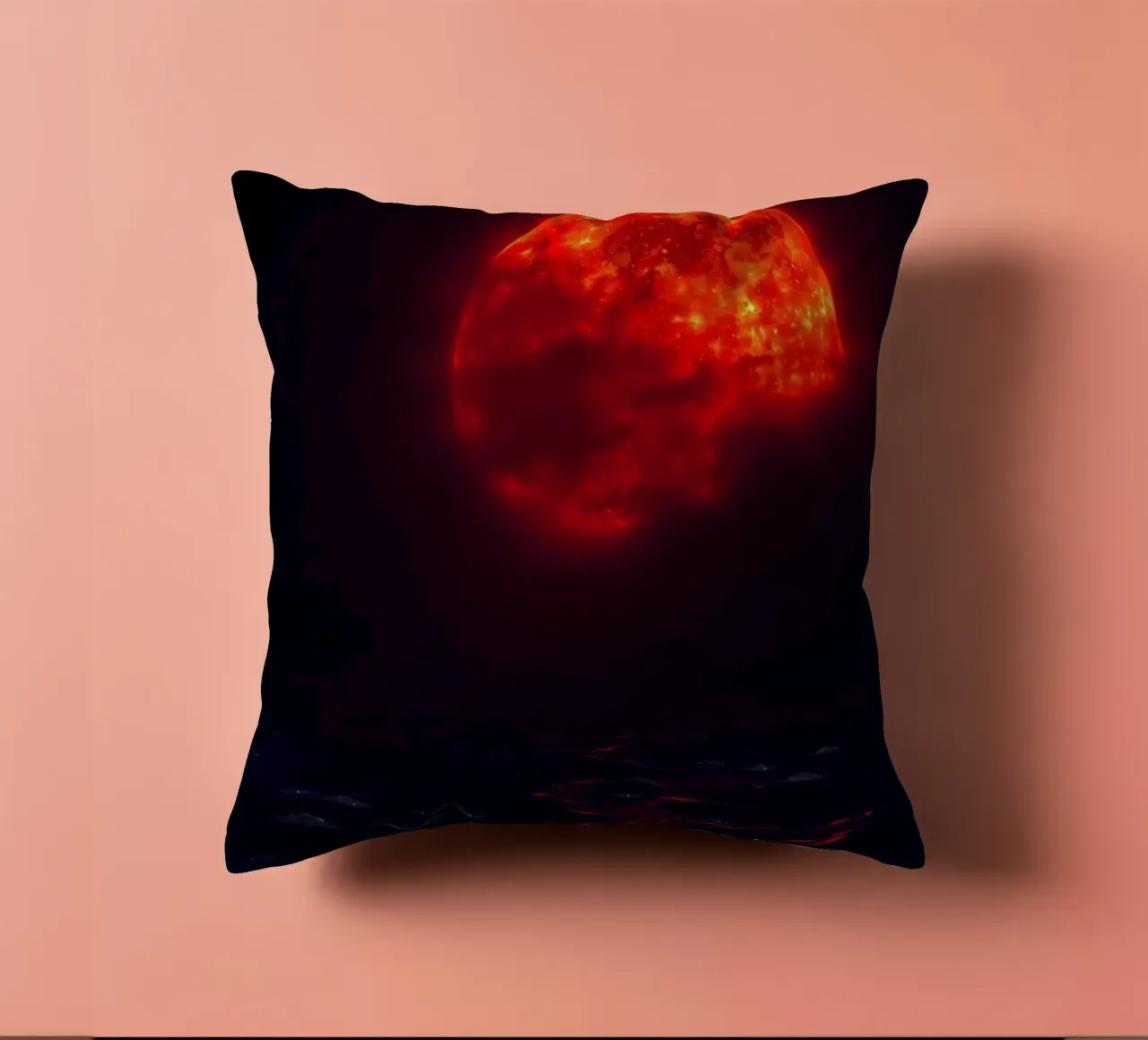 Moon reflects on dark water during a celestial event decorative cushion by DesignDoodle