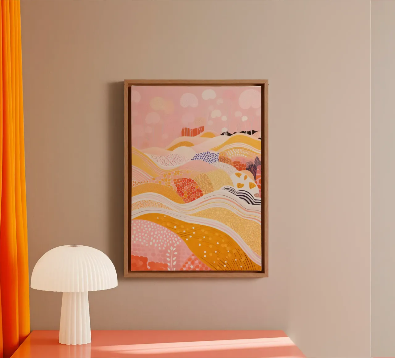 Moderne kleurrijke abstracte landschapsafdruk, roze en oranje canvas met Baklijst van Boheme