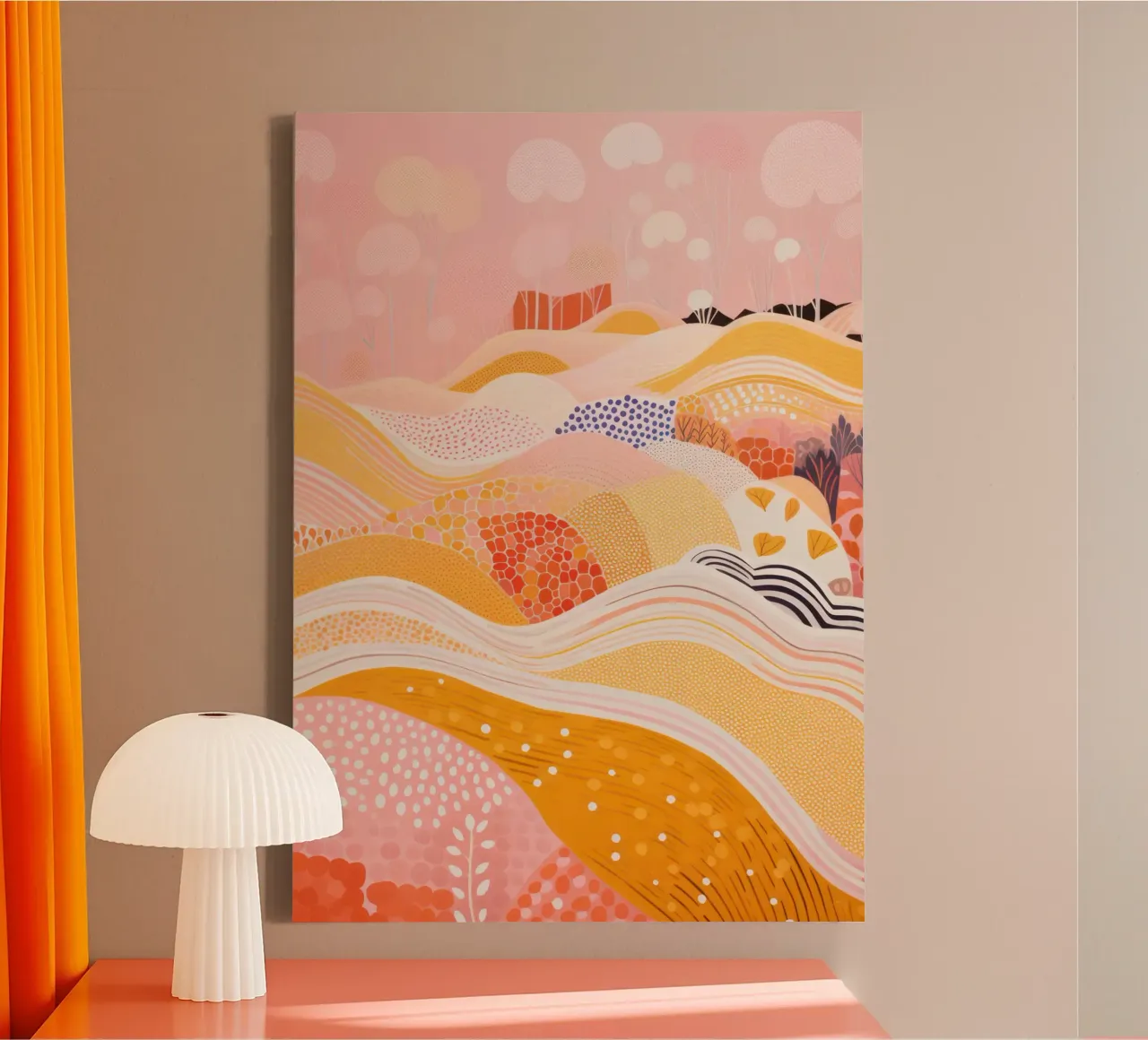 Moderne kleurrijke abstracte landschapsafdruk, roze en oranje canvas met Baklijst van Boheme