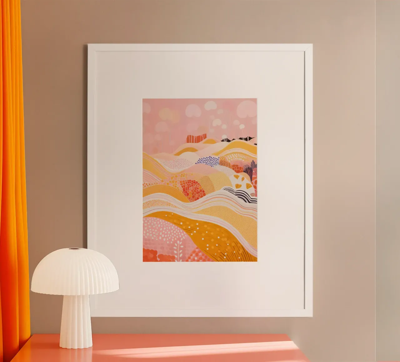 Moderne kleurrijke abstracte landschapsafdruk, roze en oranje poster van Boheme