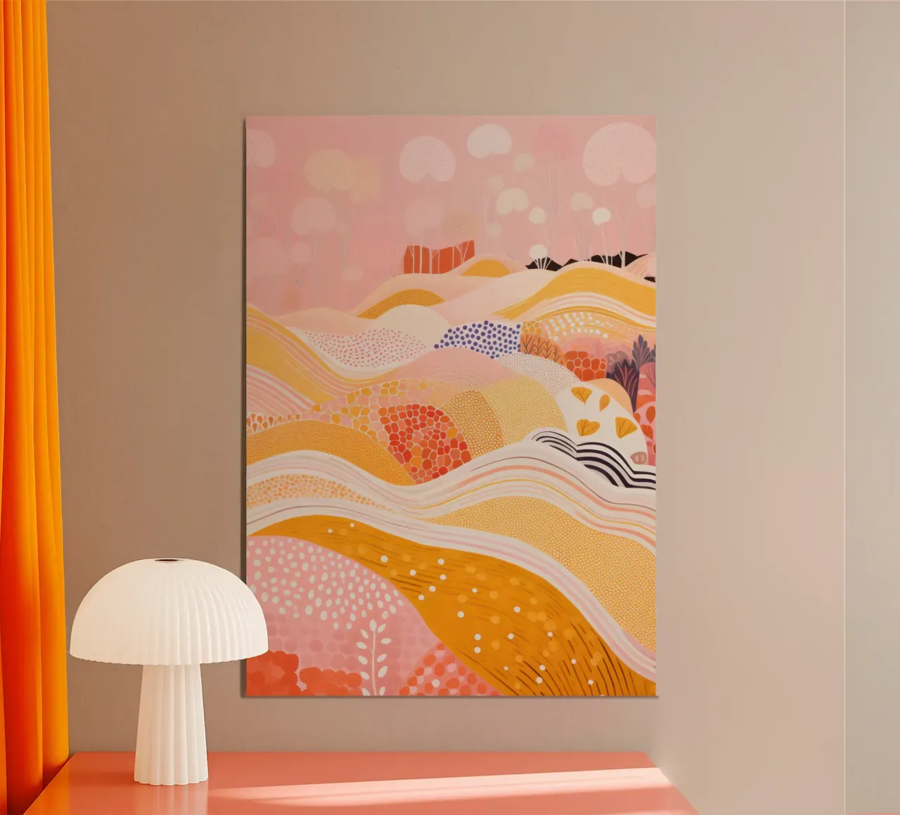 Moderne kleurrijke abstracte landschapsafdruk, roze en oranje poster van Boheme