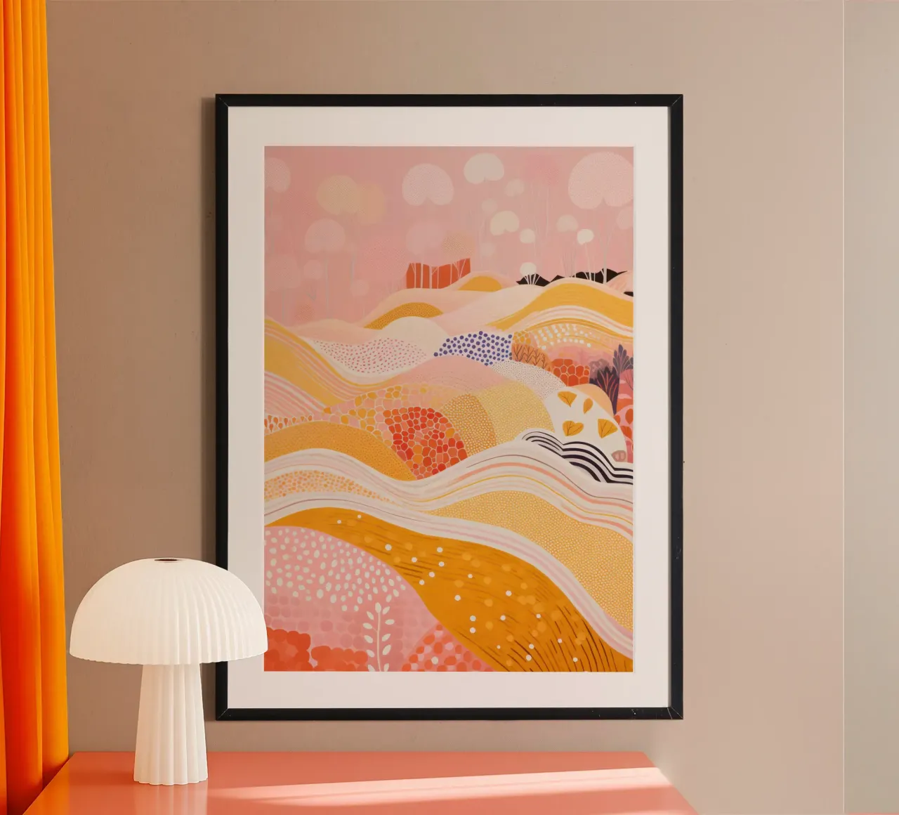 Moderne kleurrijke abstracte landschapsafdruk, roze en oranje poster van Boheme