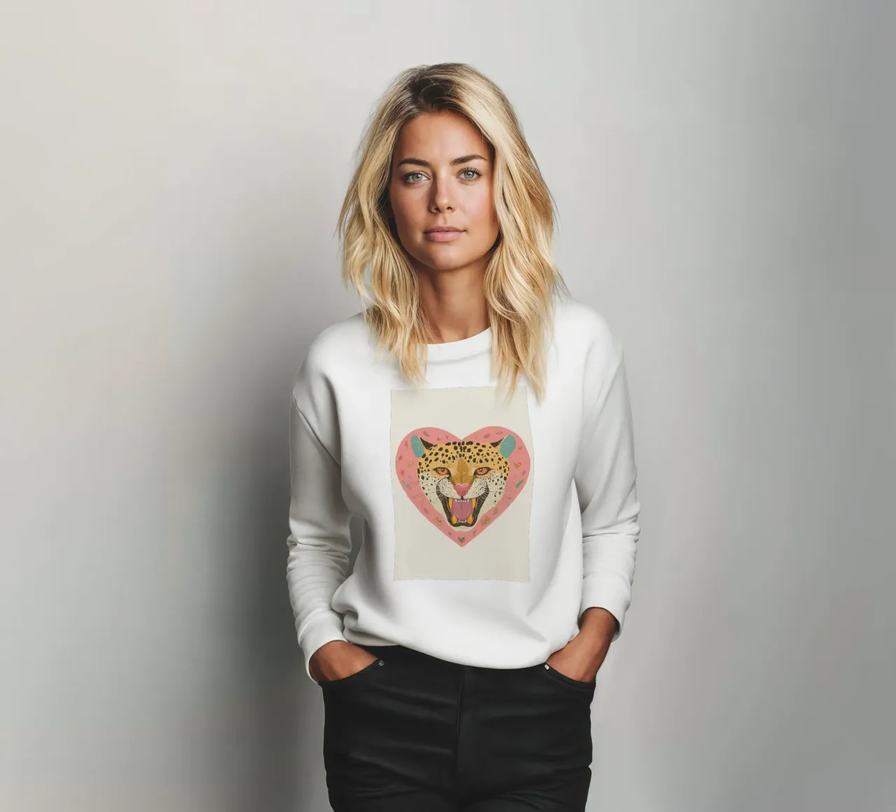 Impresión de moda, leopardo salvaje, impresión de corazón, arte moderno de pared sudadera de Boheme