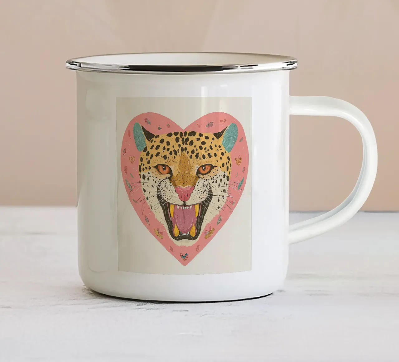 Impresión de moda, leopardo salvaje, impresión de corazón, arte moderno de pared taza de esmalte de Boheme