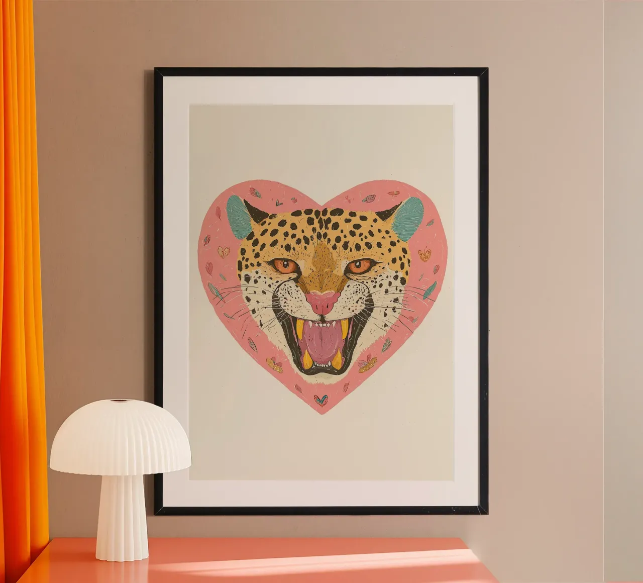 Trendy Print, Wildlife Leopard, Heart Print, Modern Wall Art poster with plastic frame by Boheme