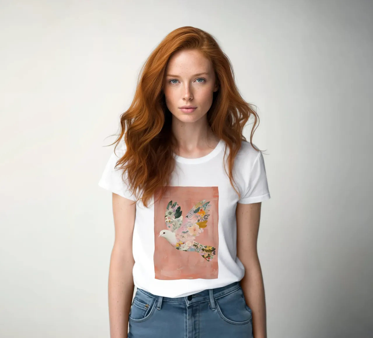 Bloemen Abstracte Duif Poster, Pastel Muurkunst, Geboorte Print dames t-shirt getailleerd van Boheme