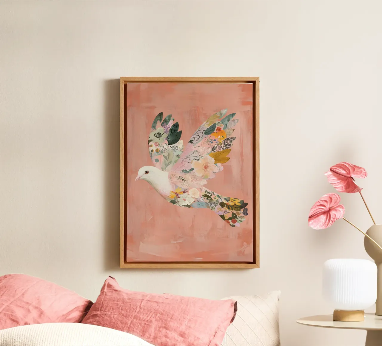 Bloemen Abstracte Duif Poster, Pastel Muurkunst, Geboorte Print canvas met Baklijst van Boheme