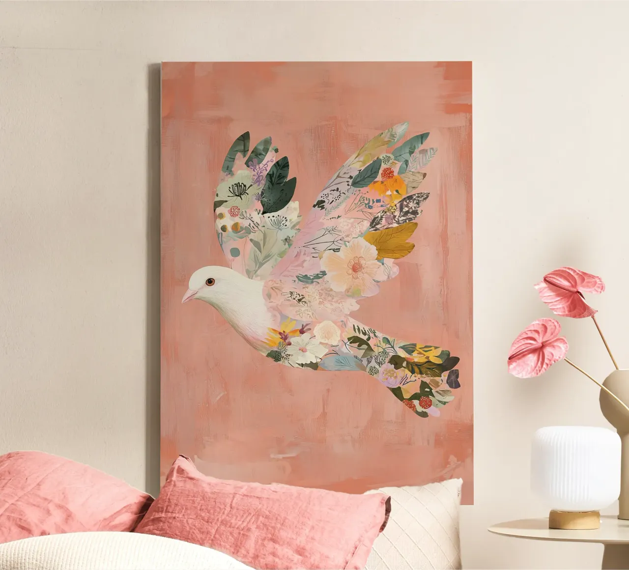 Bloemen Abstracte Duif Poster, Pastel Muurkunst, Geboorte Print canvas met Baklijst van Boheme