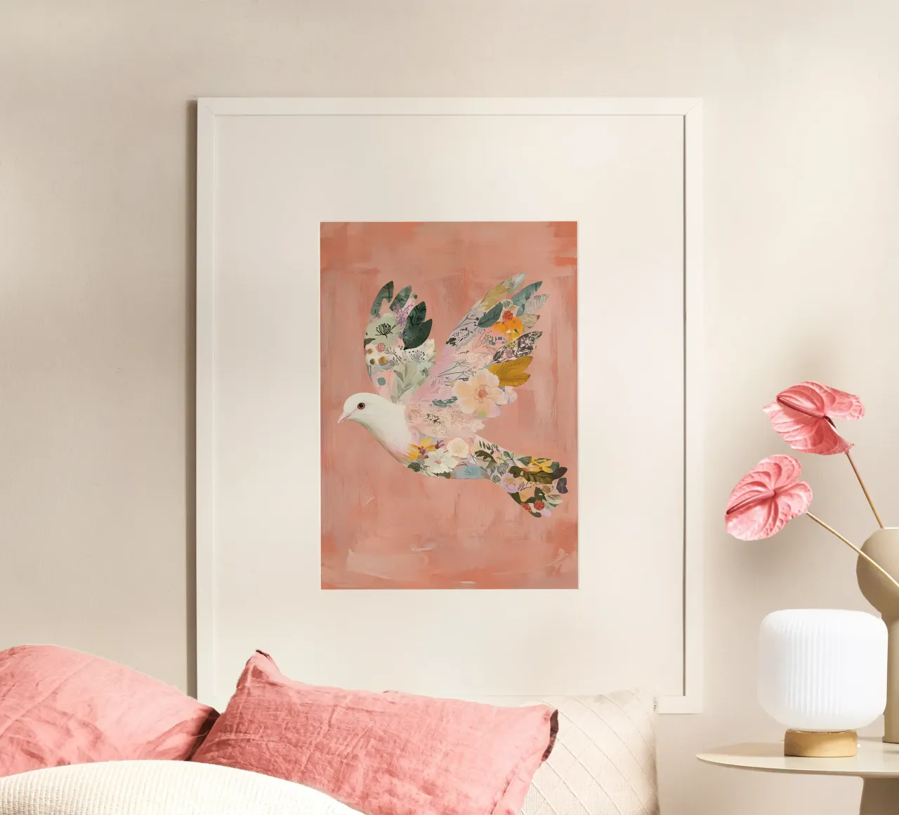 Poster floral abstrait colombe, art mural pastel, impression naissance hahnemühle de Boheme