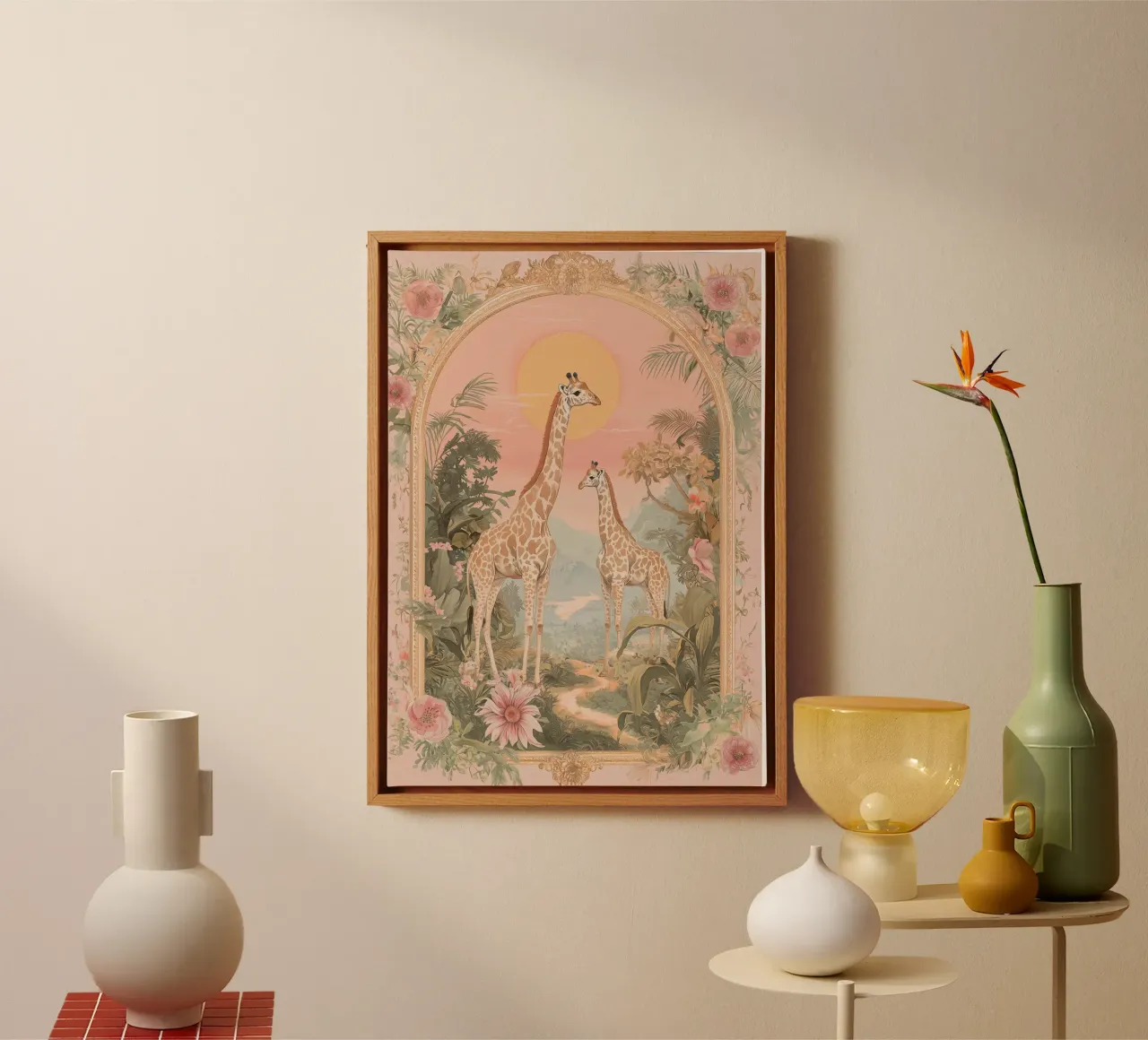 Giraffe Bohemian Print, Skurrile Tier Kunst, Wildlife Kunst Leinwand mit Schattenfugenrahmen von Boheme