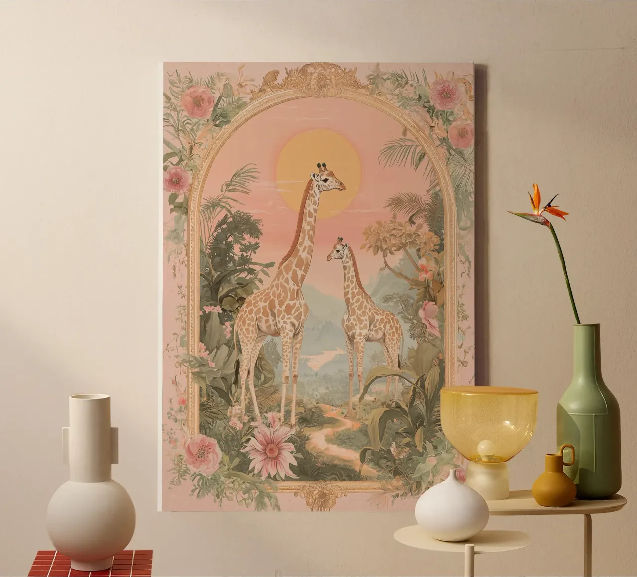 Giraffe Bohemian Print, Skurrile Tier Kunst, Wildlife Kunst Leinwand mit Schattenfugenrahmen von Boheme