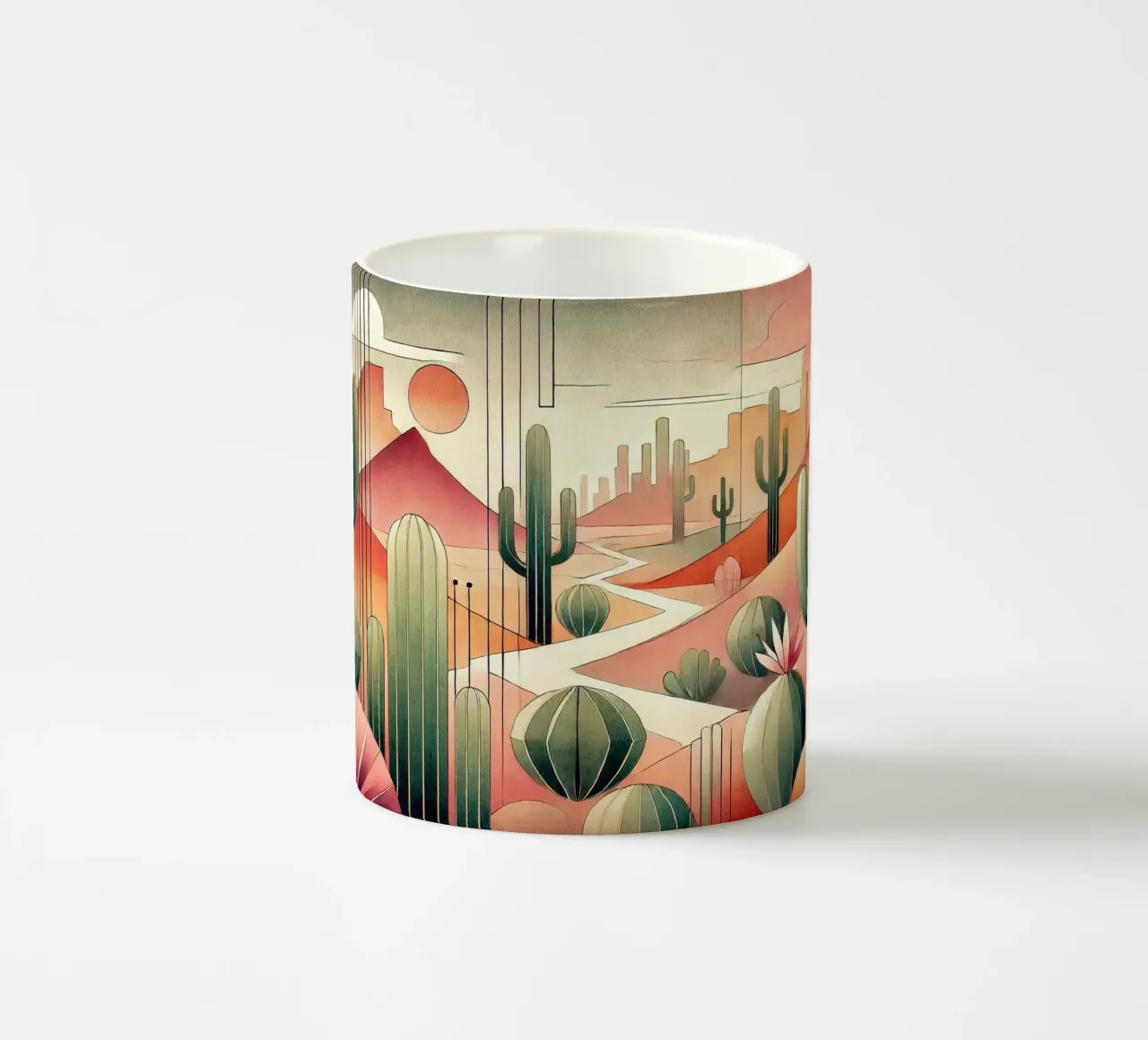 Cactus Sunset Vista in Art Deco tazza in ceramica da Chromatic Fusion Studio
