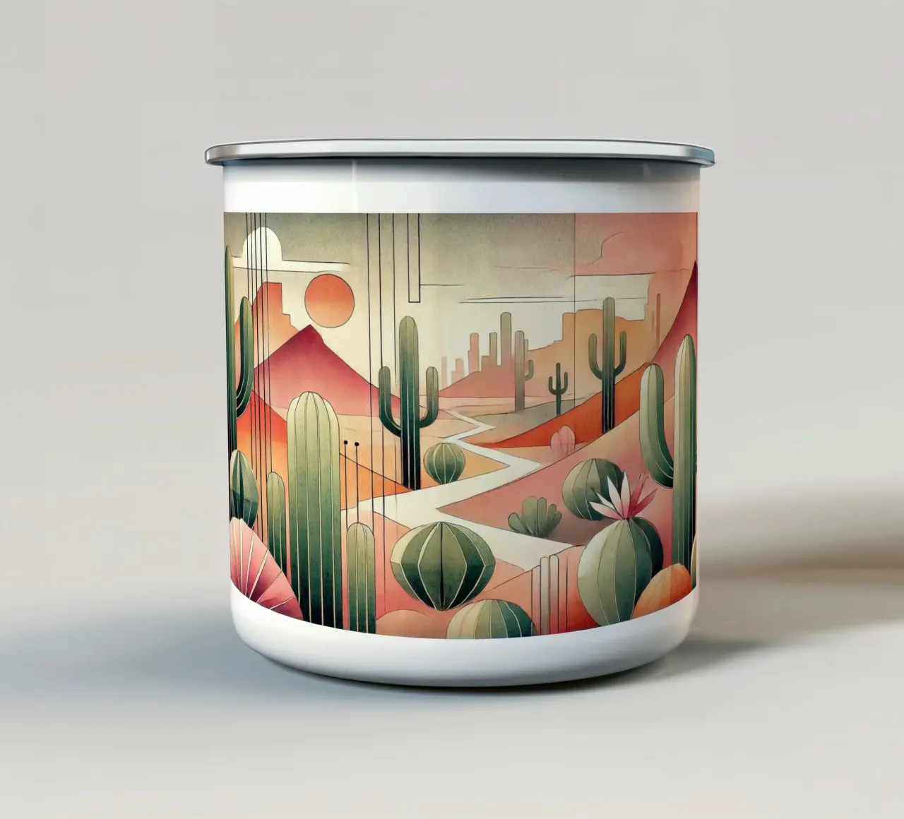 Cactus Sunset Vista in Art Deco tazza in smalto da Chromatic Fusion Studio