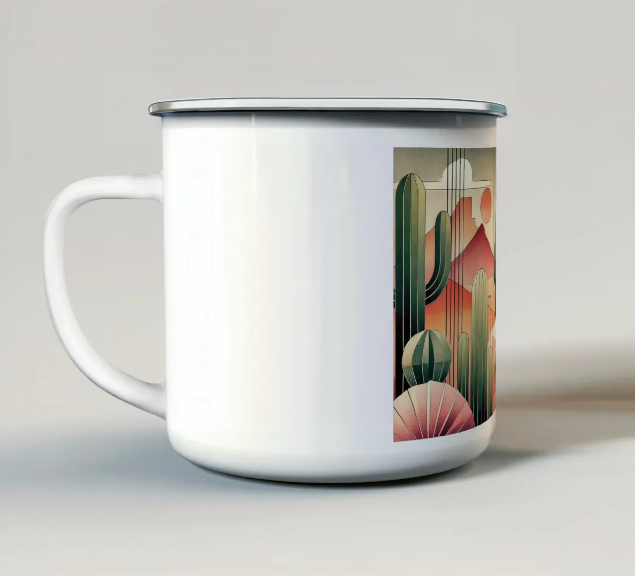 Cactus Sunset Vista in Art Deco tazza in smalto da Chromatic Fusion Studio
