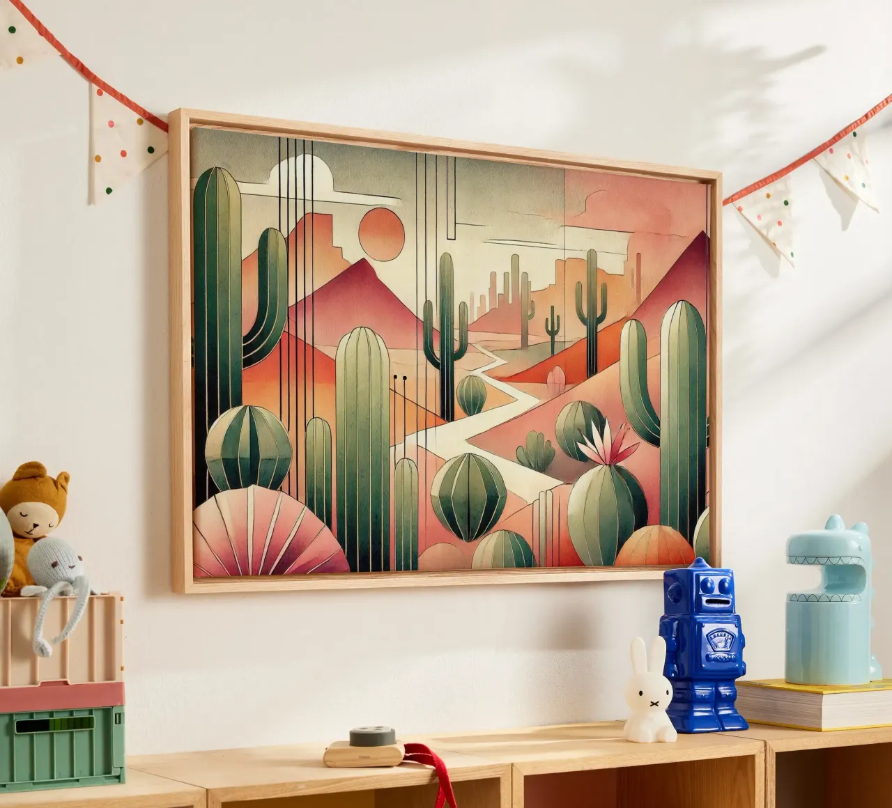 Cactus Zonsondergang Uitzicht in Art Deco canvas met Baklijst van Chromatic Fusion Studio