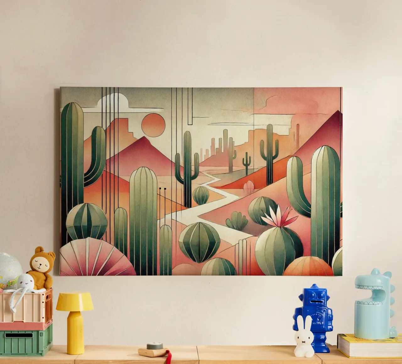 Cactus Zonsondergang Uitzicht in Art Deco canvas met Baklijst van Chromatic Fusion Studio