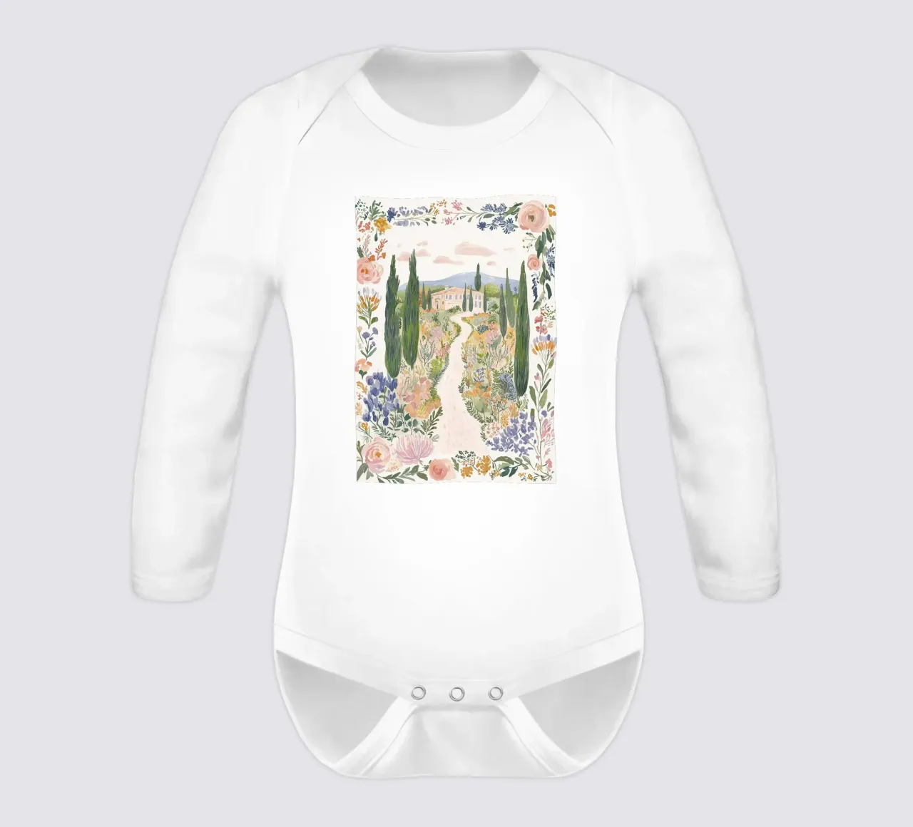 Bloemen Boho Illustratie, Grillig Bloemen Landschap Ontwerp babyrompertje lange mouwen van Boheme