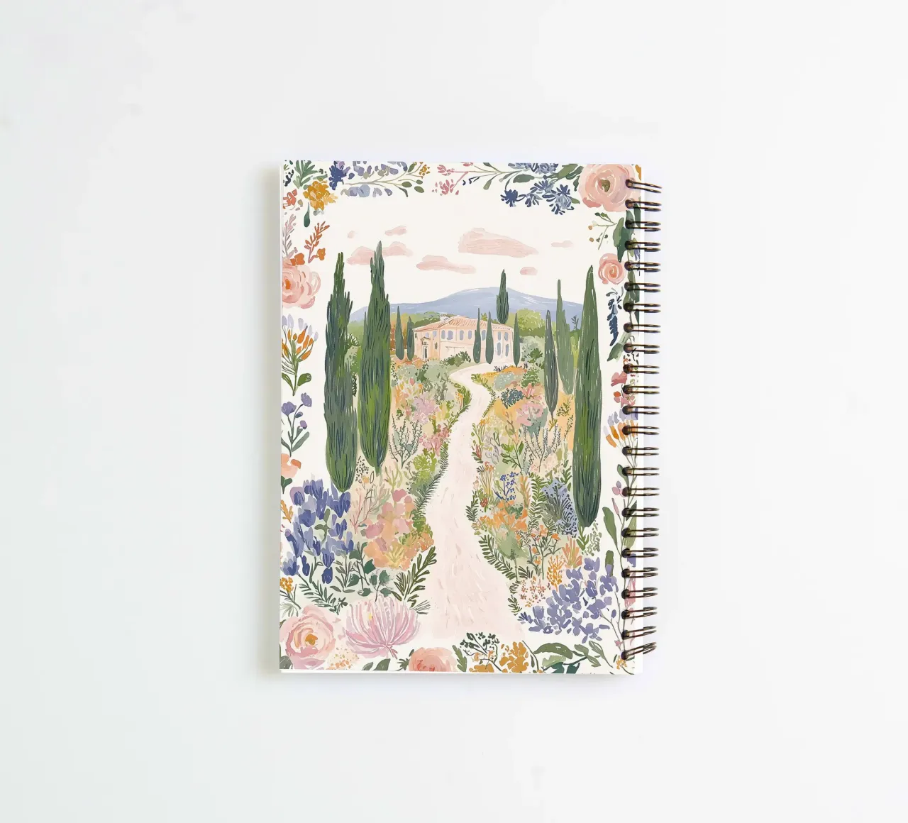 Floral Boho Illustration, Whimsical Floral Landscape Design spiral notebook by Boheme