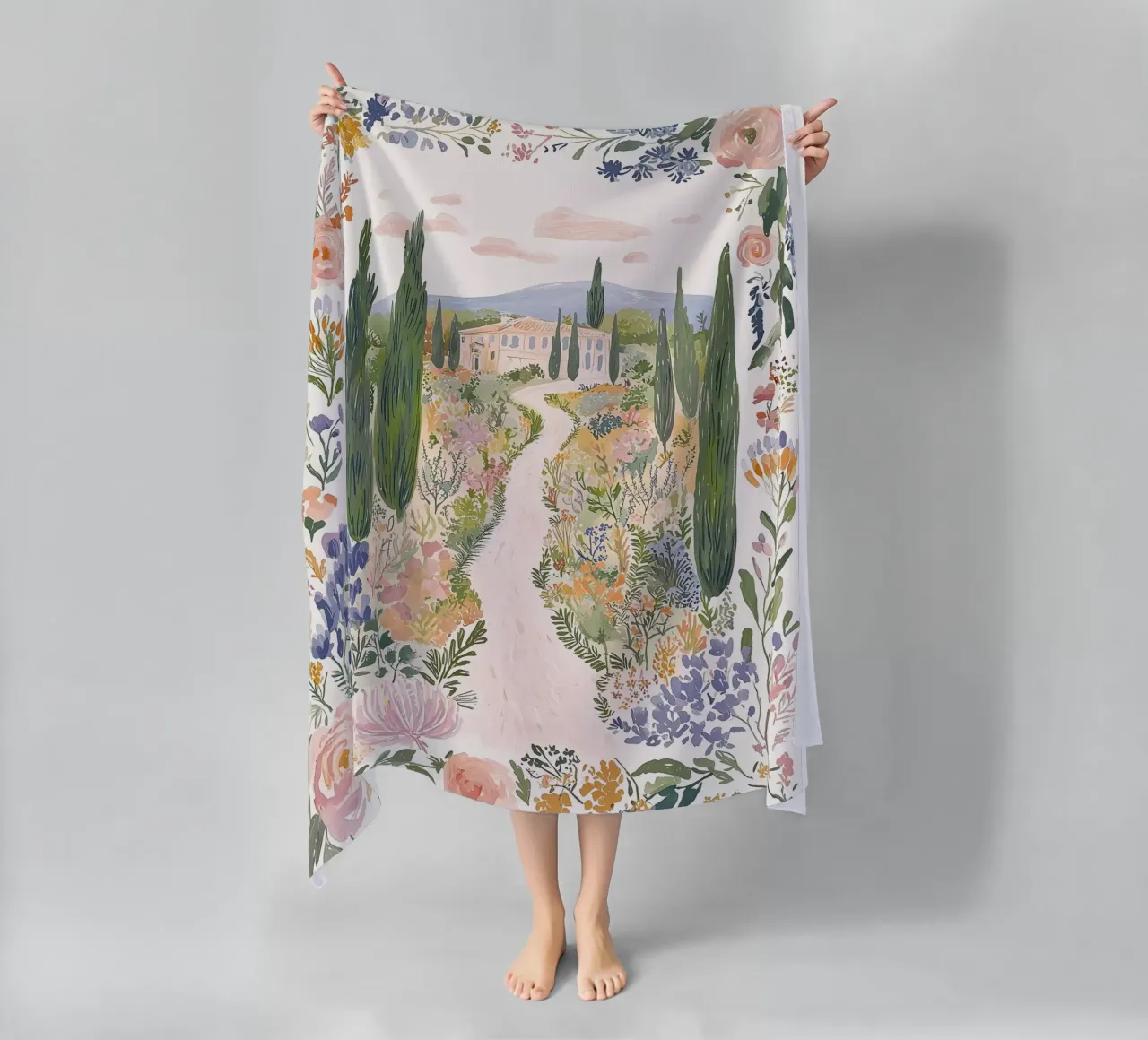 Floral Boho Illustration, Whimsical Floral Landscape Design beach towel by Boheme