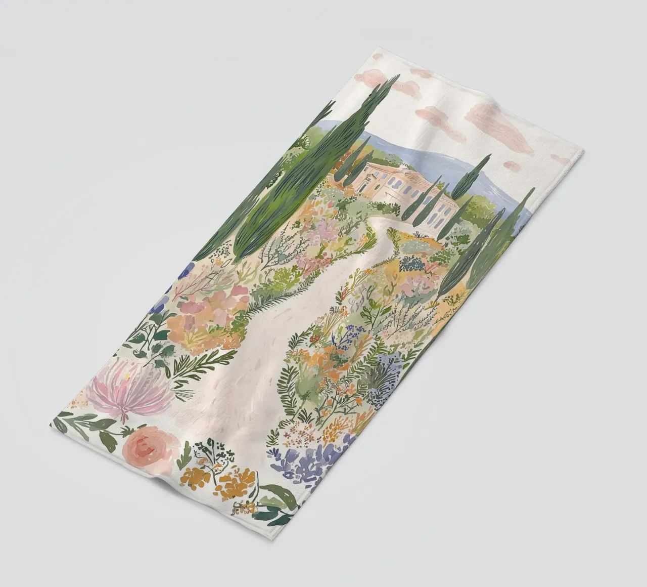 Floral Boho Illustration, Whimsical Floral Landscape Design beach towel by Boheme