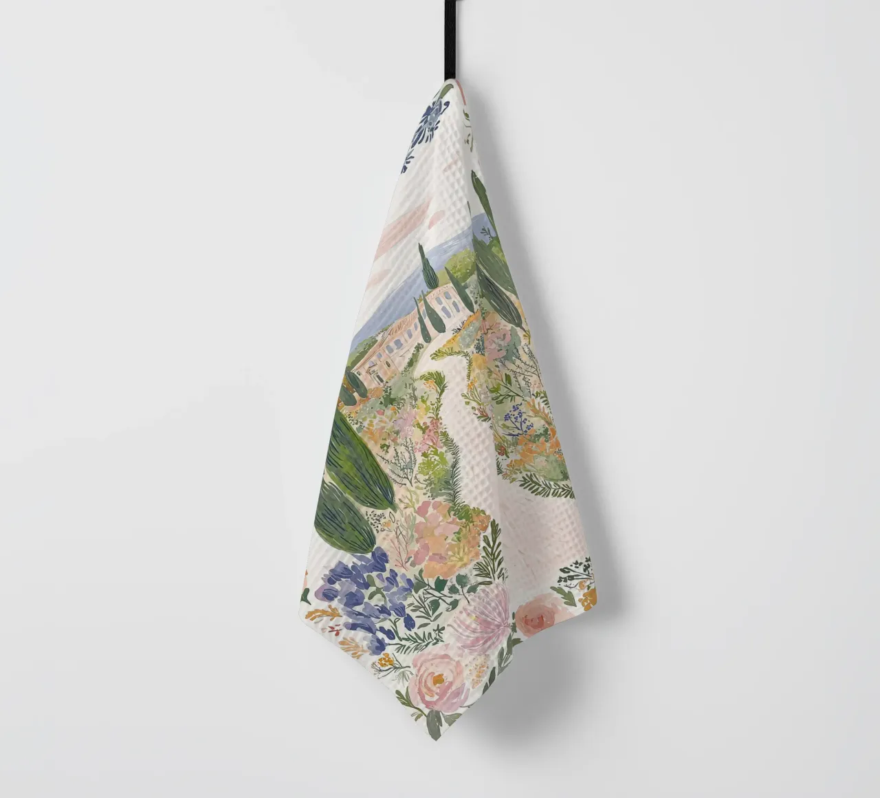 Floral Boho Illustration, Whimsical Floral Landscape Design tea towel by Boheme