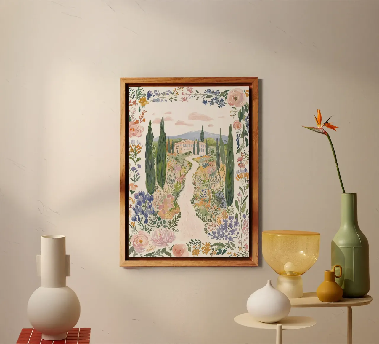 Florale Boho-Illustration, skurrile Blumen-Landschaftsgestaltung Forex-Platte von Boheme