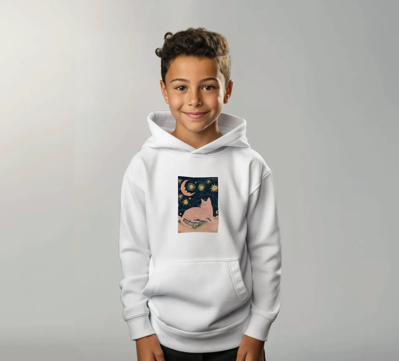Bohemian Cat Print, Celestial Moon Star Print, Boho Animal sudadera con capucha para niño de Boheme