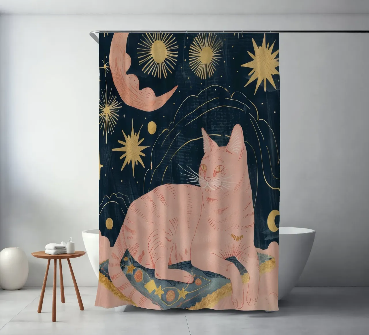 Boheemse kattenprint, hemelse maanster print, Boho dierenprint douchegordijn van Boheme