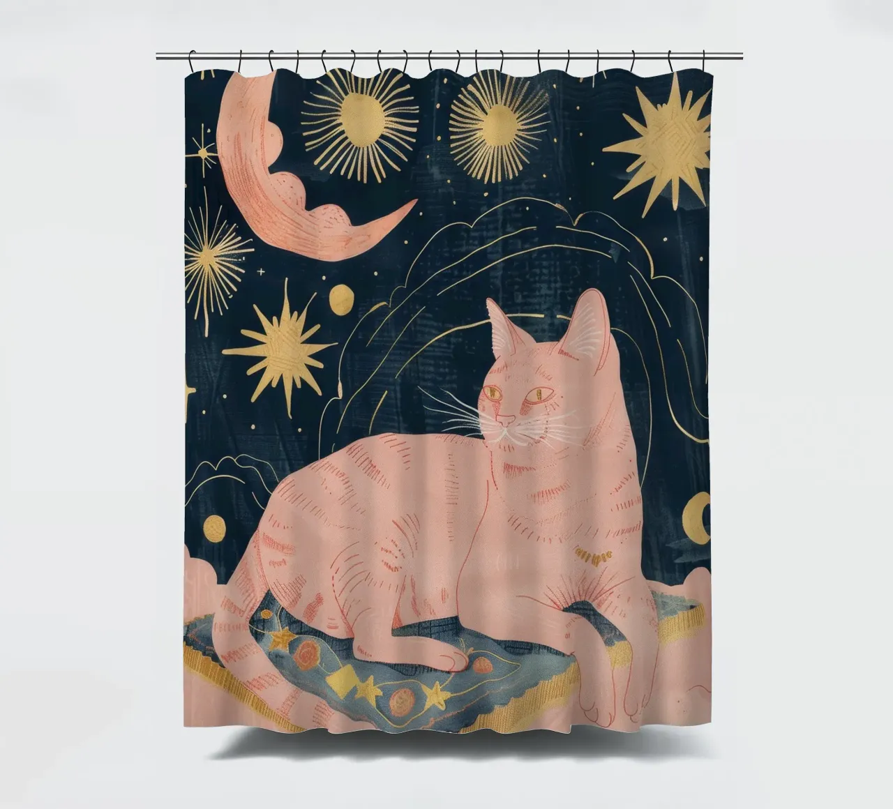 Boheemse kattenprint, hemelse maanster print, Boho dierenprint douchegordijn van Boheme