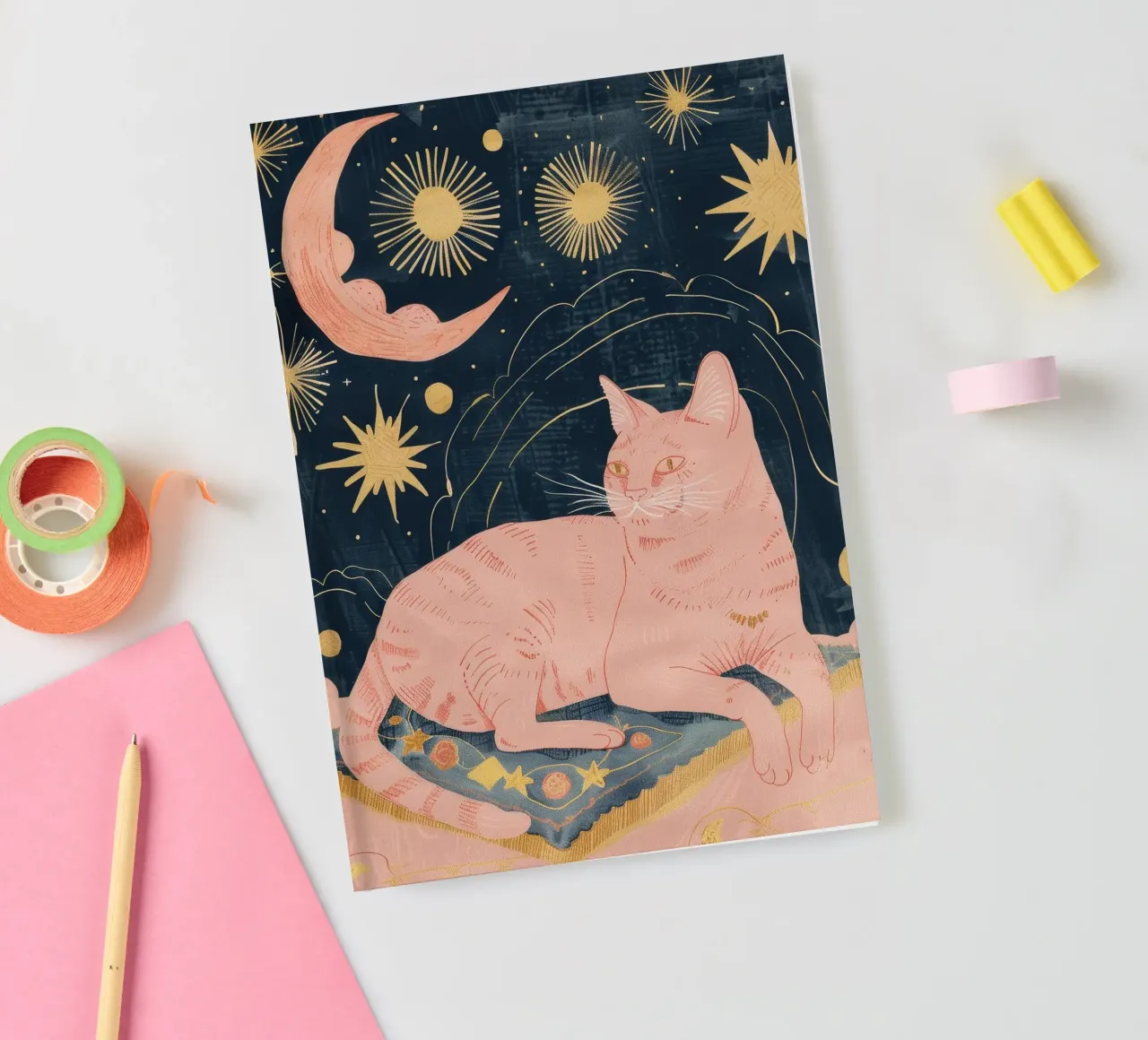 Bohemian Cat Print, Celestial Moon Star Print, Animal Boho notebook by Boheme