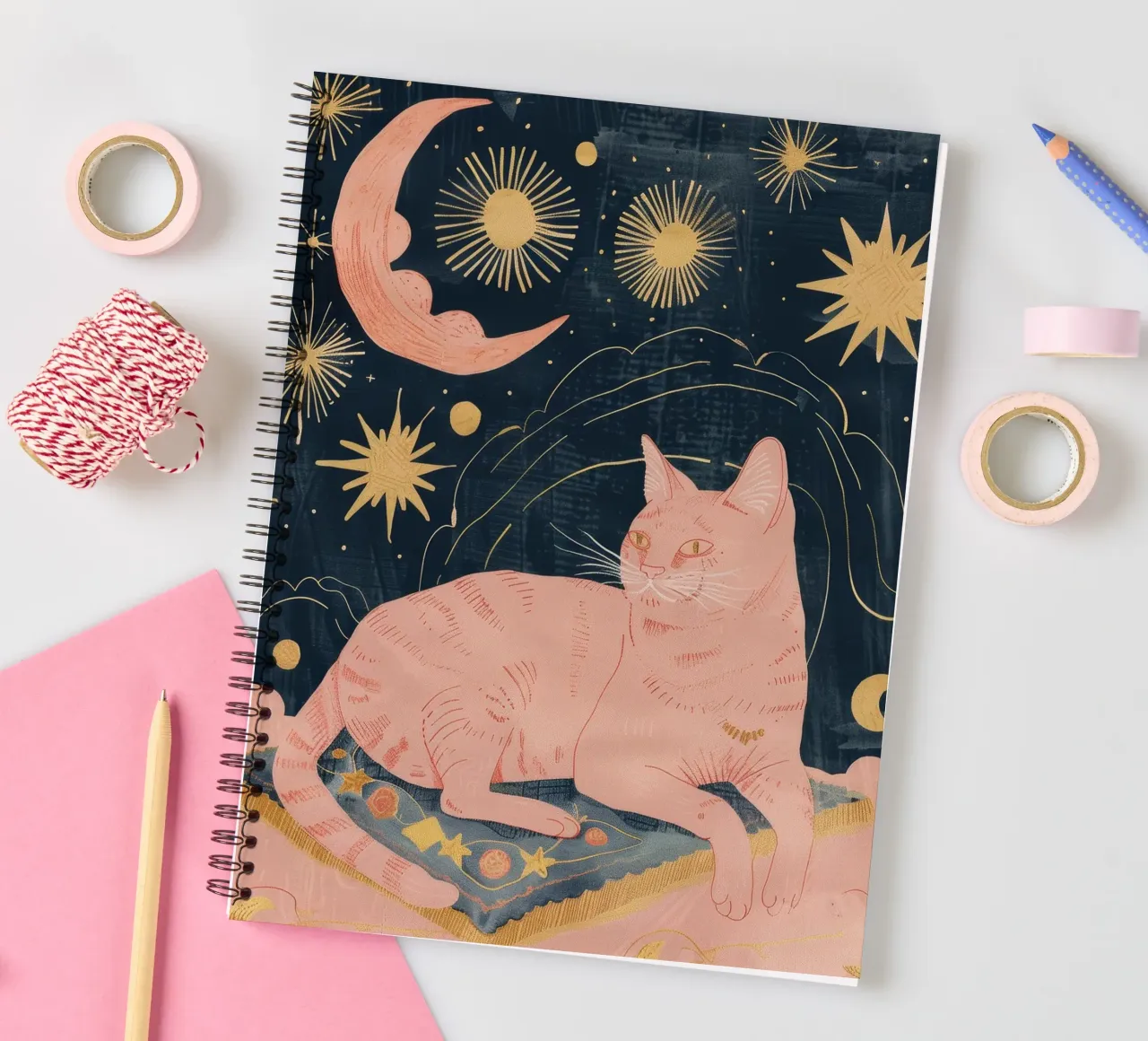 Boheemse kattenprint, hemelse maanster print, Boho dierenprint notitieboek met spiraal van Boheme