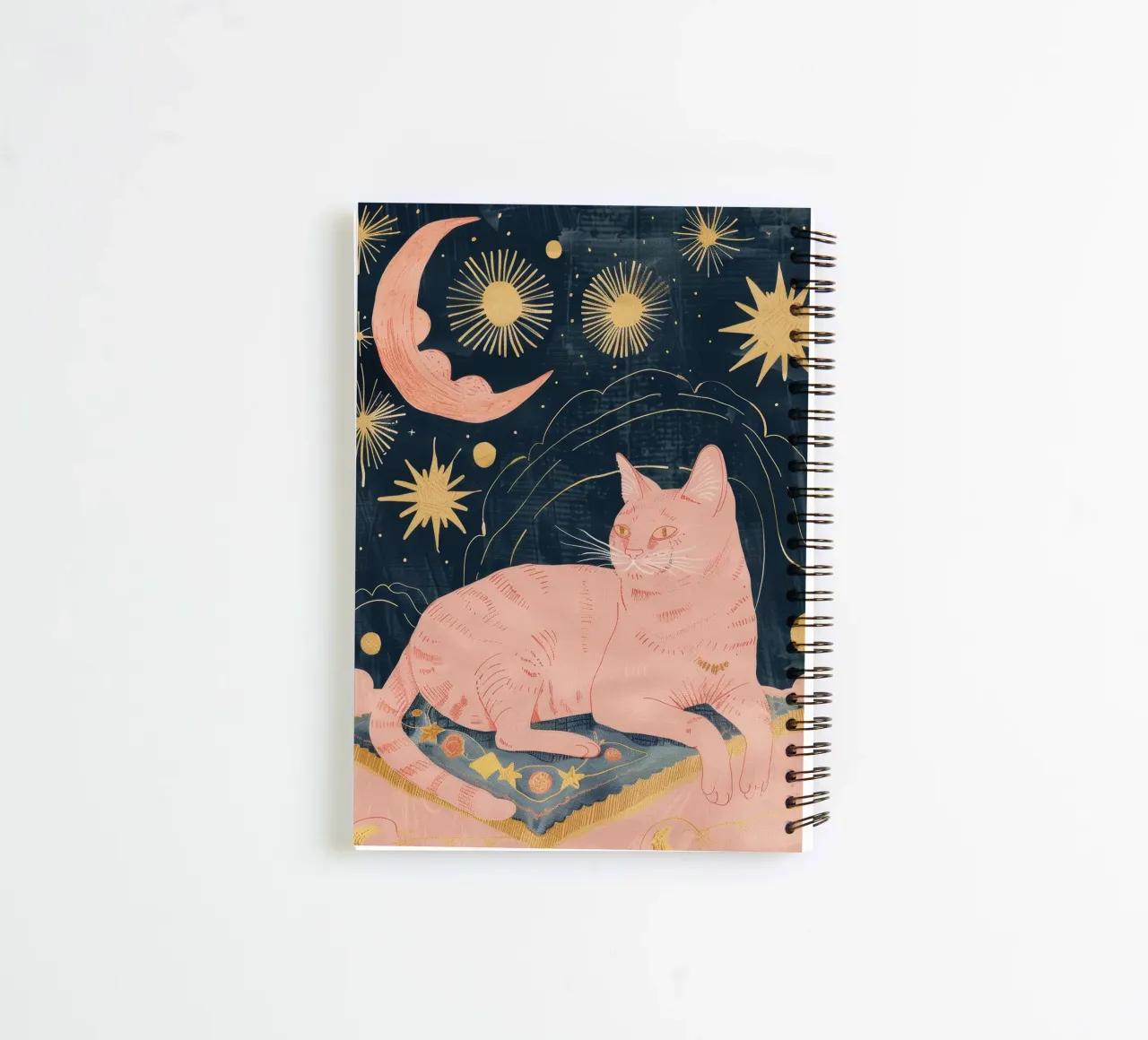 Bohemian Cat Print, Celestial Moon Star Print, Animal Boho spiral notebook by Boheme