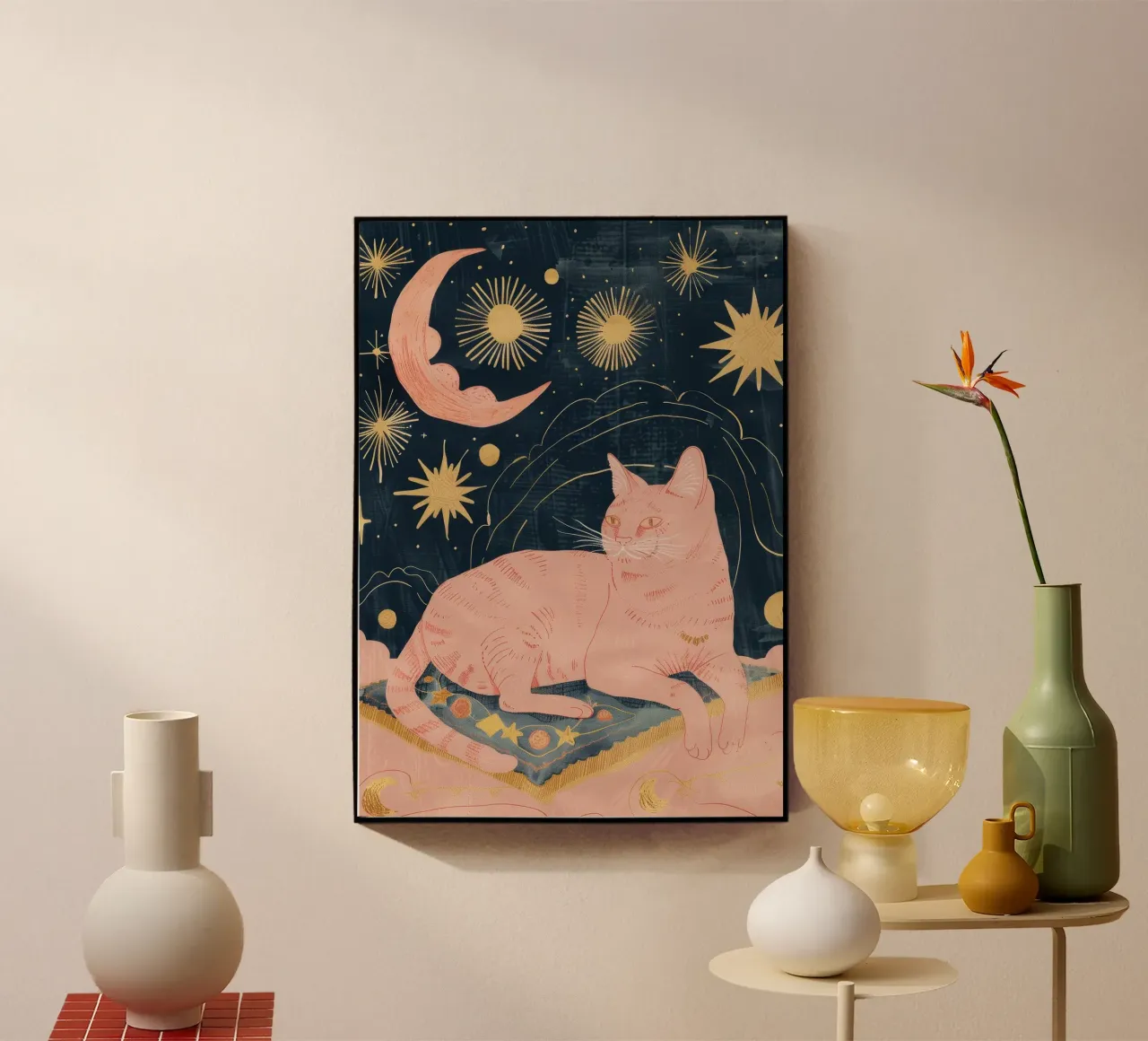 Bohemian Cat Print, Celestial Moon Star Print, Boho Animal metacrilato de Boheme