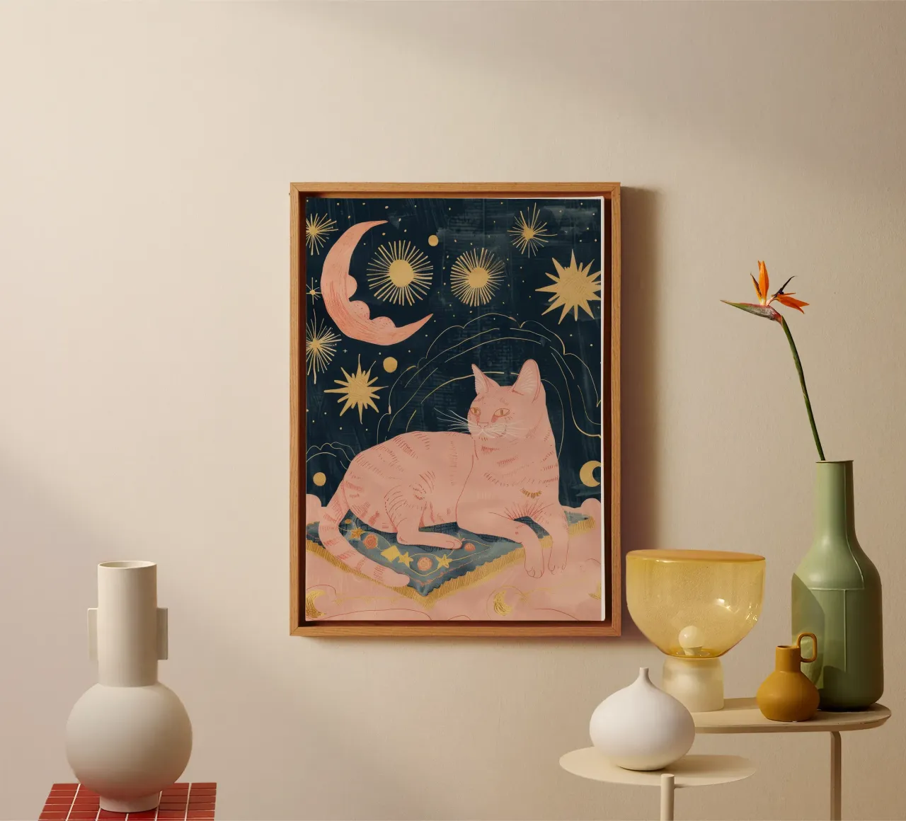 Stampa gatto bohémien, stampa stella luna celeste, animale bohémien tela da Boheme