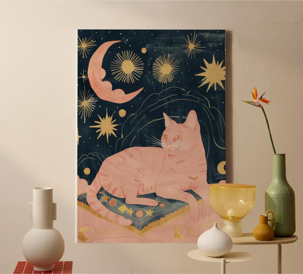 Stampa gatto bohémien, stampa stella luna celeste, animale bohémien tela da Boheme