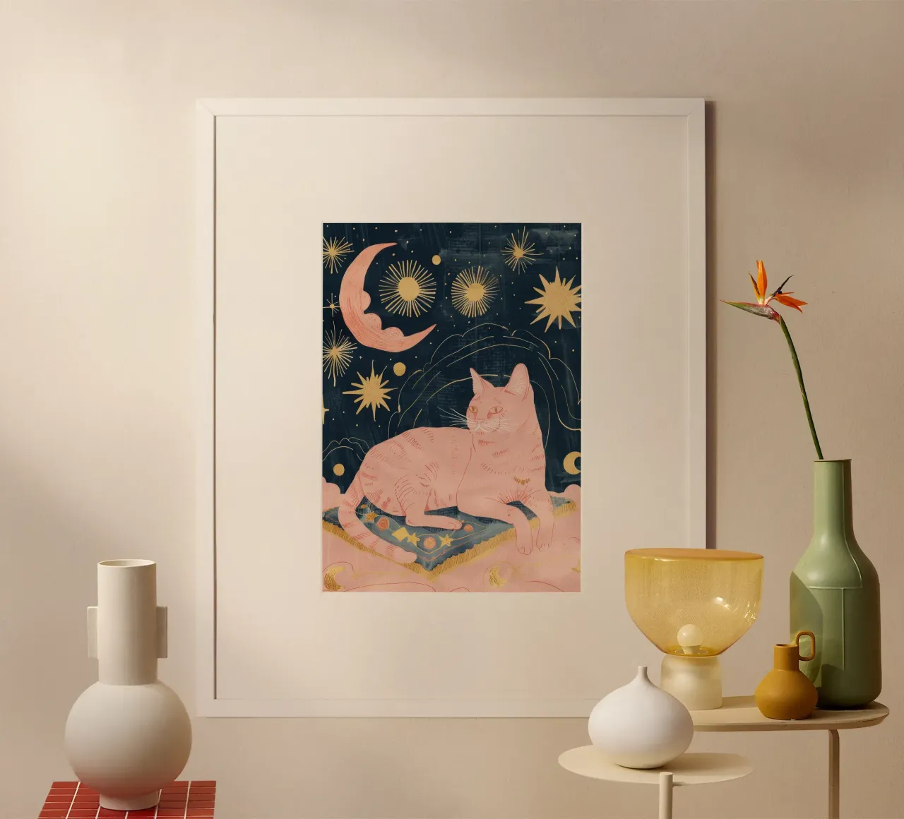 Stampa gatto bohémien, stampa stella luna celeste, animale bohémien poster con telaio in alluminio da Boheme