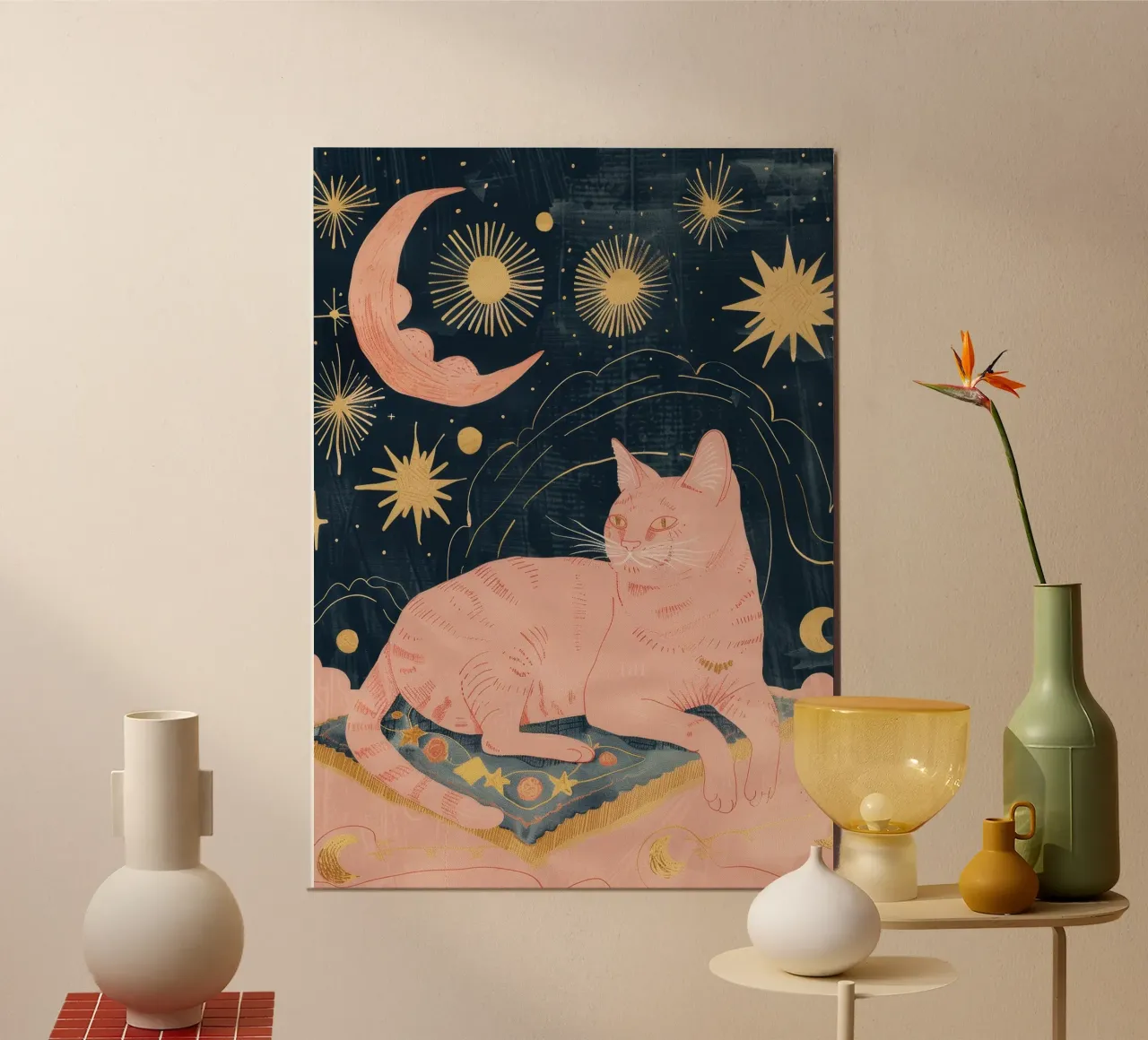Stampa gatto bohémien, stampa stella luna celeste, animale bohémien poster con telaio in alluminio da Boheme