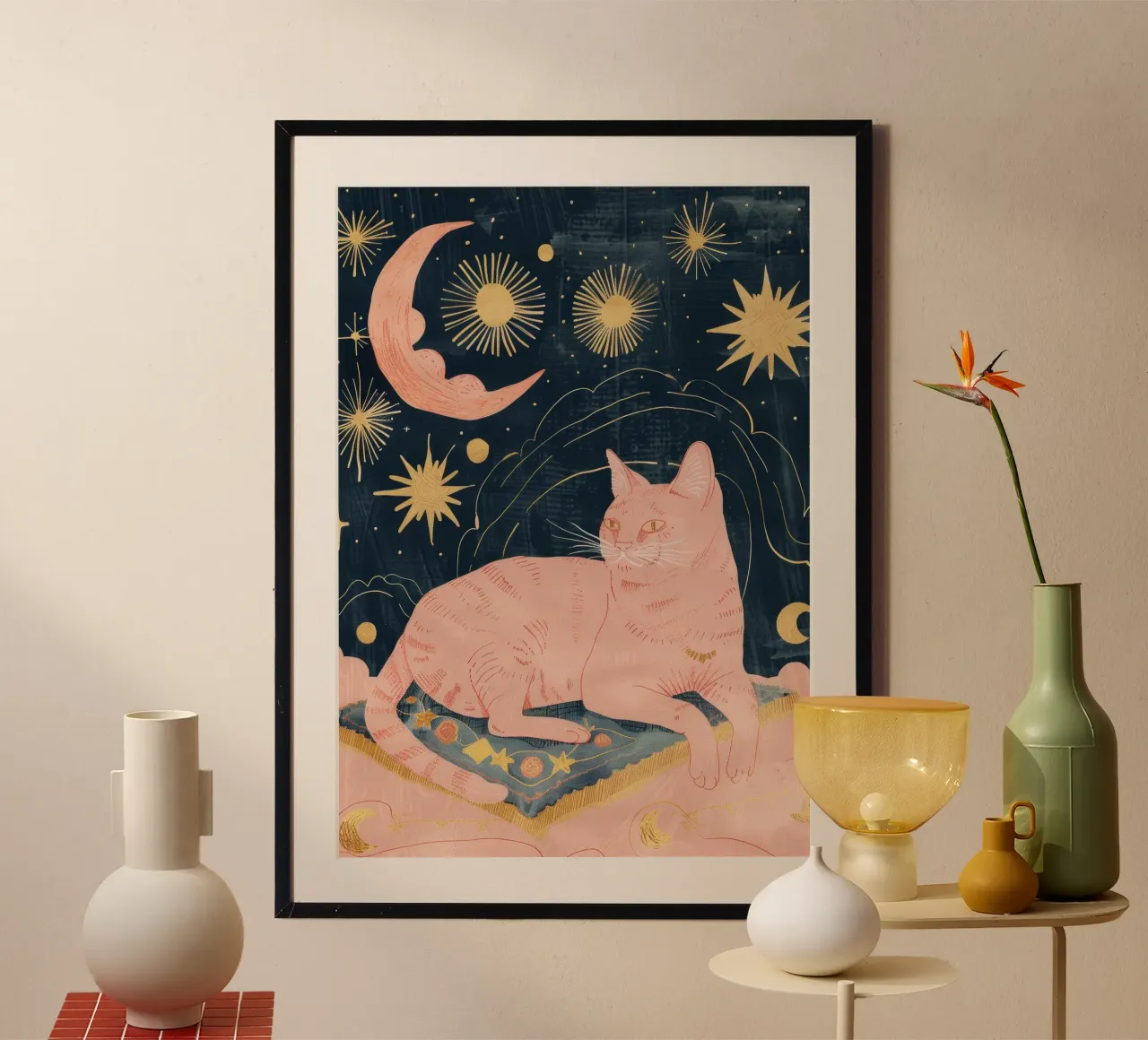 Stampa gatto bohémien, stampa stella luna celeste, animale bohémien poster con telaio in alluminio da Boheme
