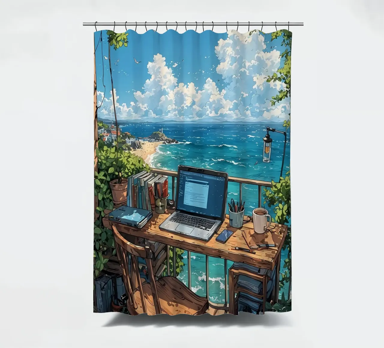 paesaggio computer anime spiaggia tenda da doccia da Manh beo