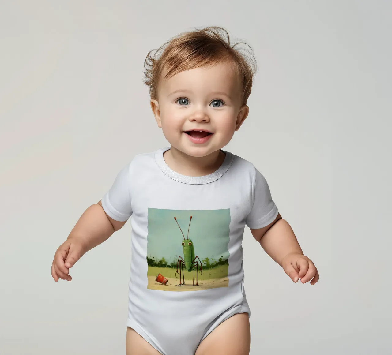 Minimal Grasshopper 1 short-sleeve baby romper by Minimal Animal Art