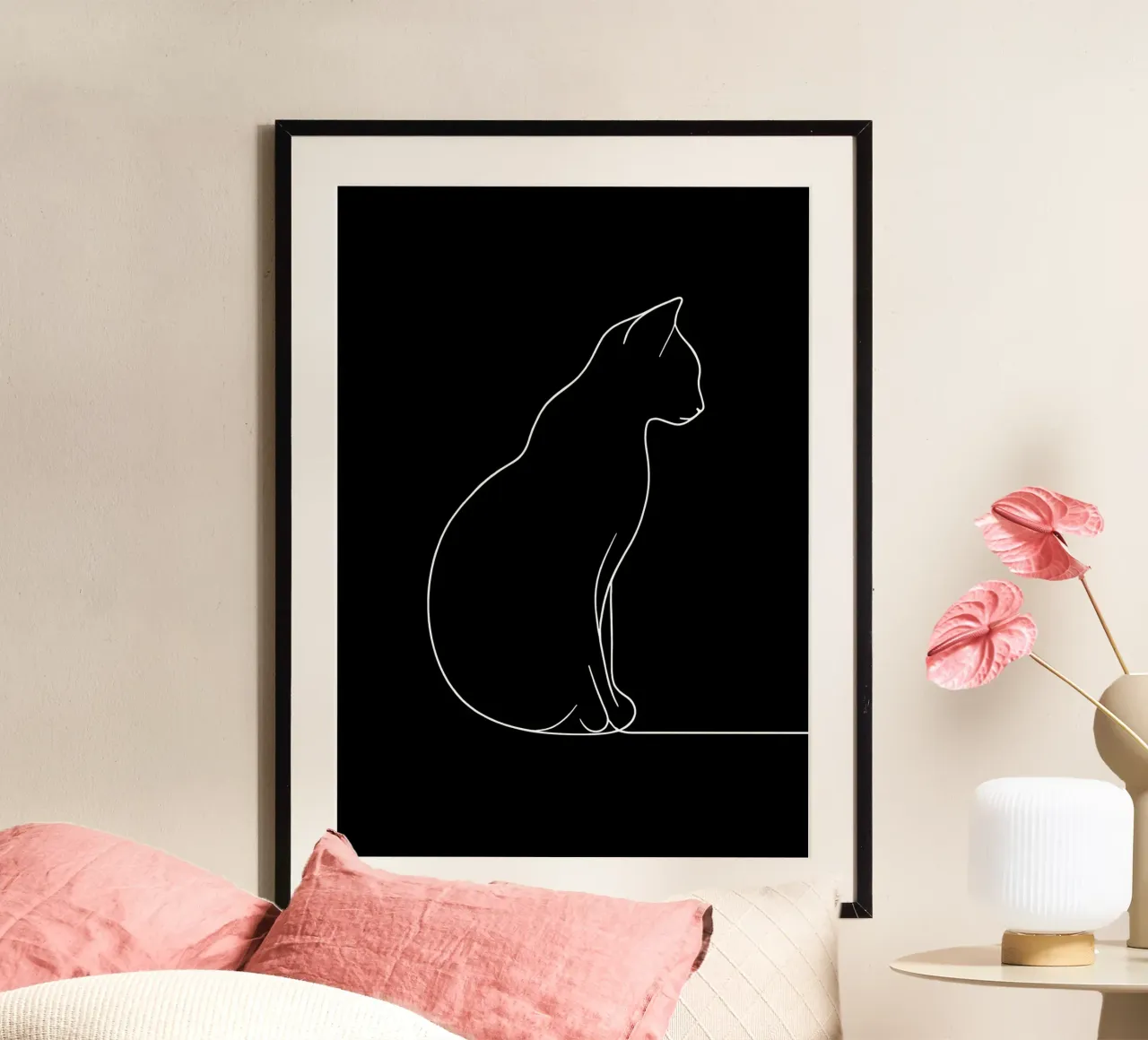 Minimalist One Line Drawing of a Cat Sitting | Modern Abstra poster by Viv Line Art