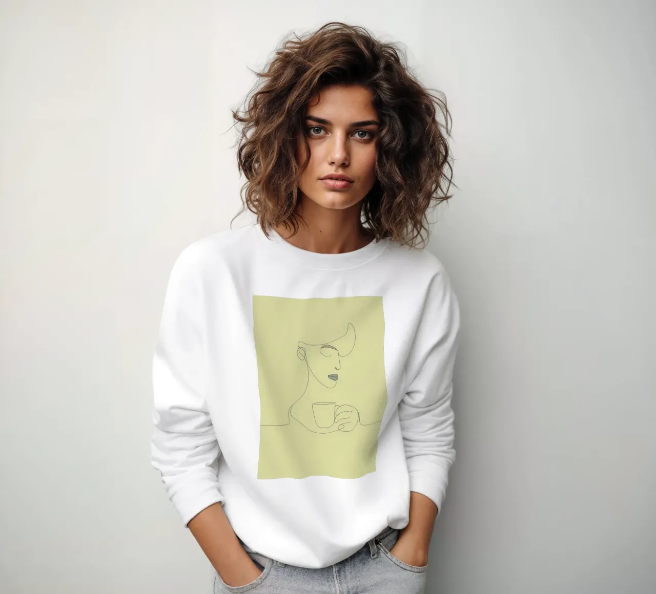 Dibujo lineal minimalista de una mujer bebiendo café | Moderno sudadera de Viv Line Art