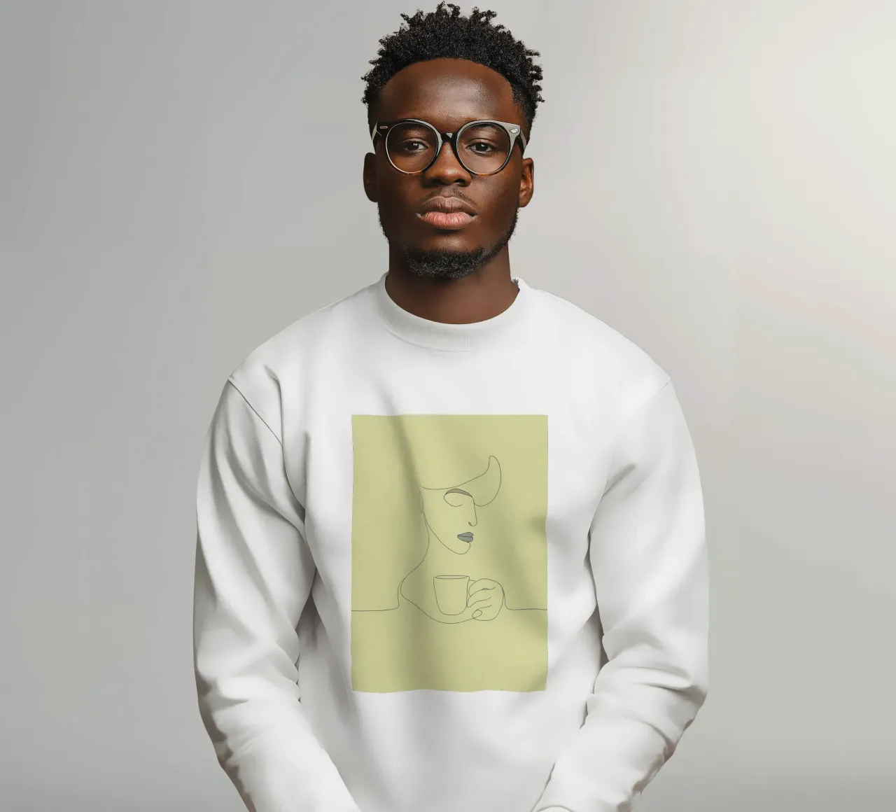 Dibujo lineal minimalista de una mujer bebiendo café | Moderno sudadera de Viv Line Art