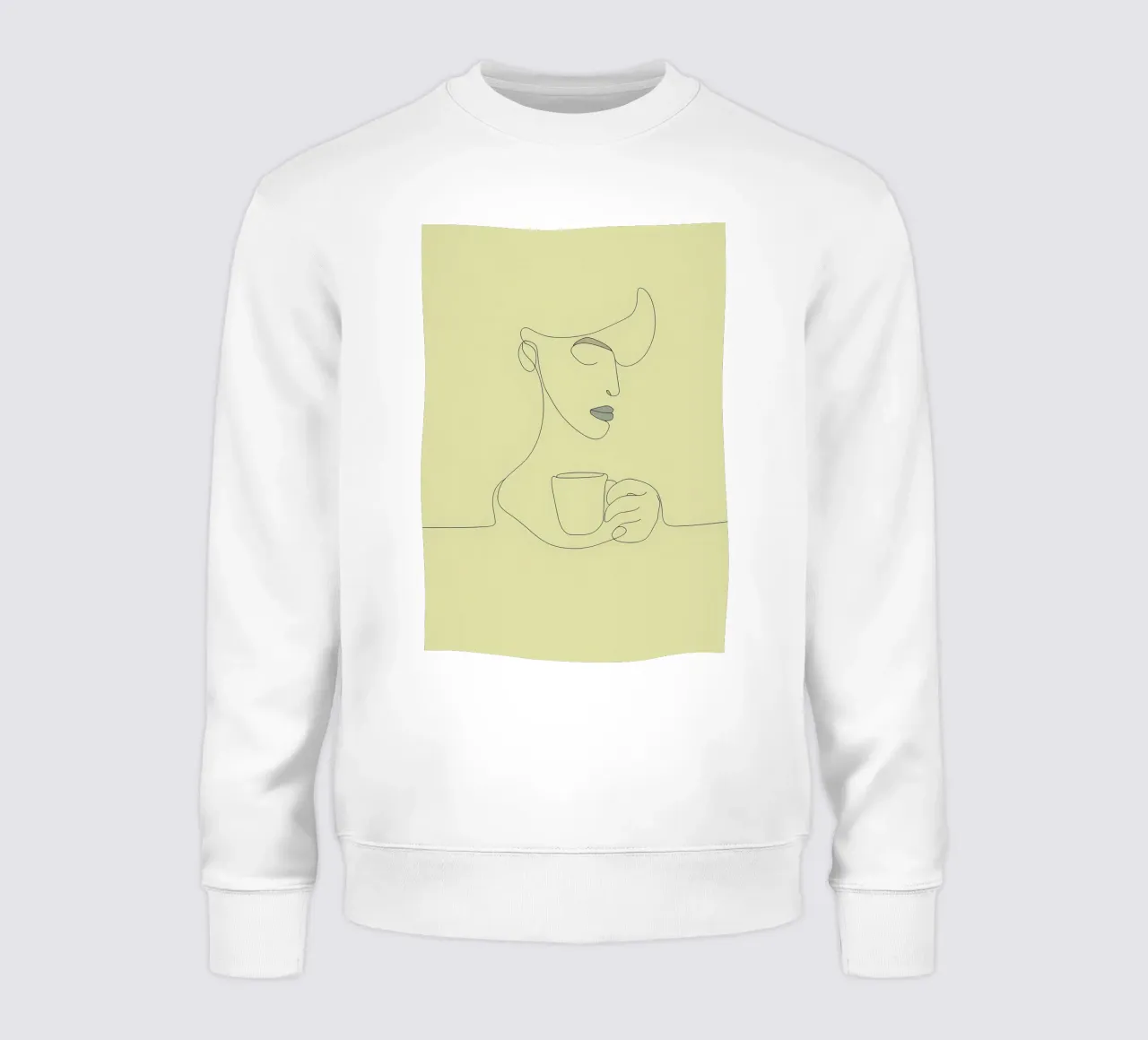 Dibujo lineal minimalista de una mujer bebiendo café | Moderno sudadera de Viv Line Art